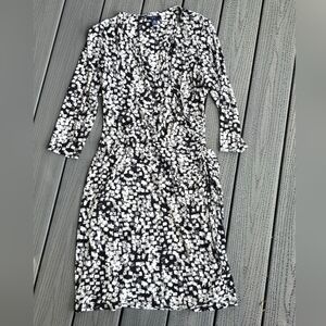 Chaps Womens Black & White Quarter Sleeve Rouched Dress